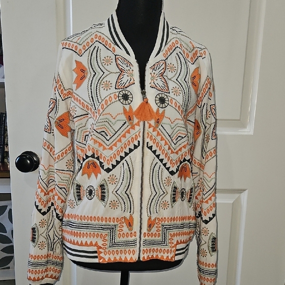 lovestitch Jackets & Blazers - Lovestitch Vibrant Orange and Cream Embroidered Bomber Jacket